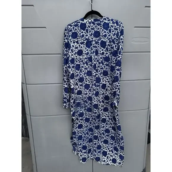 Natalie Martin Indigo Floral Hand-Dyed 100% Silk Kaftan Dress Sz L Double Slit - Picture 7 of 11